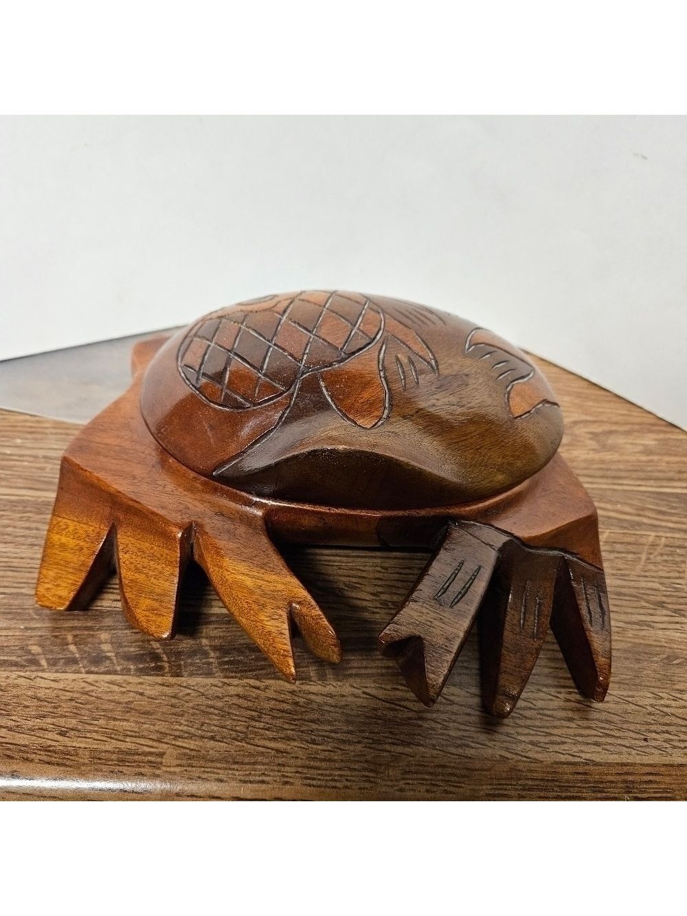 Vintage 60s Glazed Haitian Hand-carved Mahogany Wood Crab Trinket Box